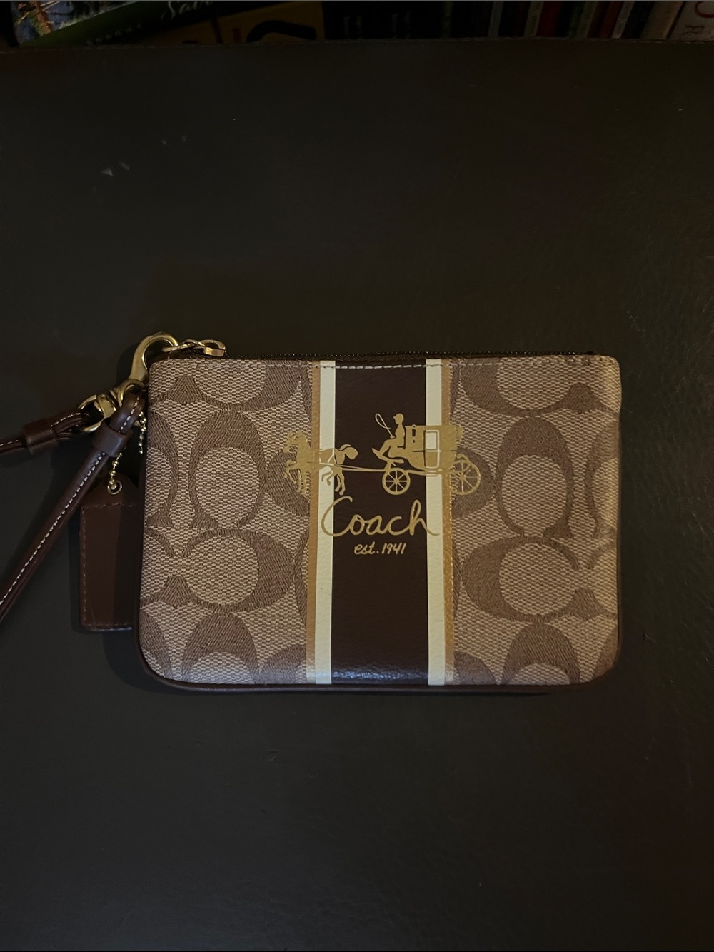 Coach Brown Heritage Collection Signature Stripe Wallet with Gold Coach Logo